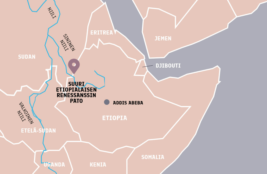 Karttassa Suuri etiopialaisen renessanssin pato, Etiopia sekä Eritrea, Sudan, Etelä-Sudan, Uganda, Kenia, Somalia, Djibouti ja Jemen sekä Niili.