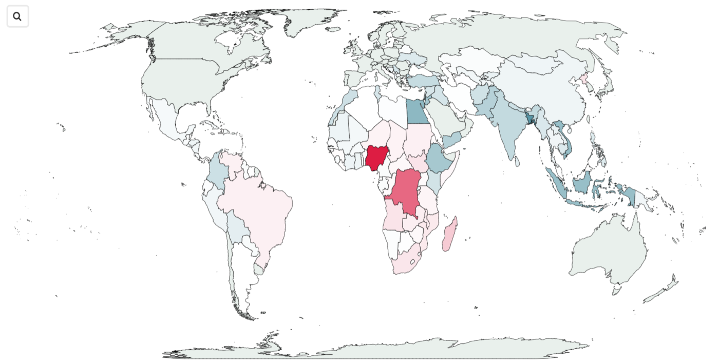 Karttakuva, jossa maat väritetty avun vastaanottamisen mukaan