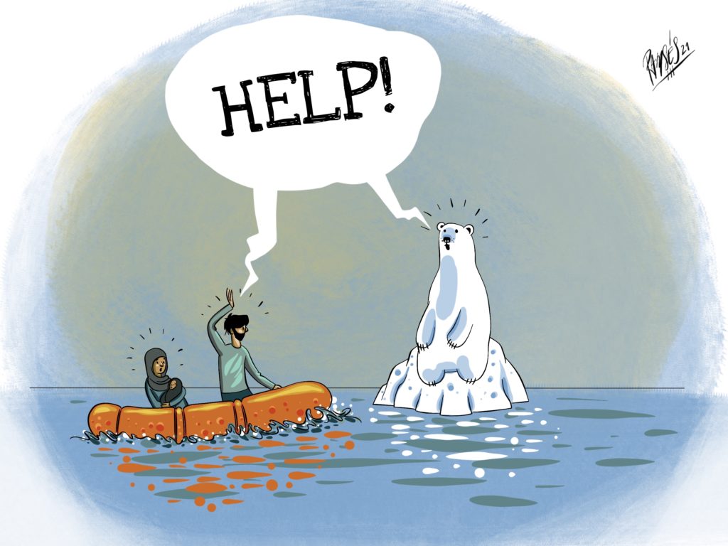 Piirroskuva, jossa jääkarhu istuu sulavan jäävuoren päällä ja perhe kumiveneessä. Kaikki huutavat englanniksi apua.