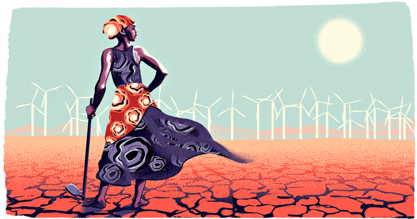 Afrikkalainen nainen seisoo kuokka kädessä halkeilevalla maalla taustallaan tuulivoimaloita ja aurinko.