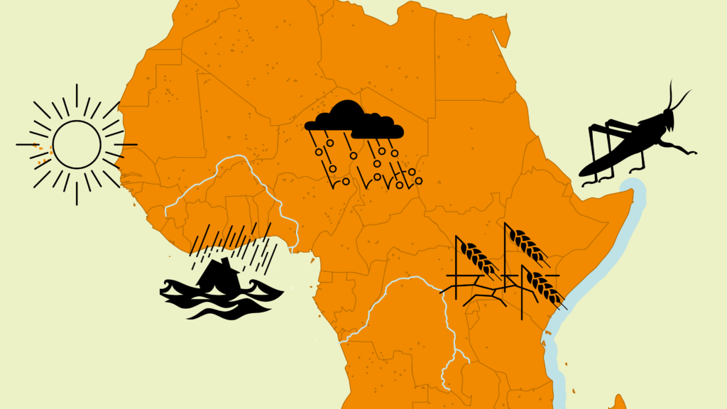 Afrikan karttapiirros, jonka päällä aurinko, sadepilviä, viljakasveja ja kulkusirkka.