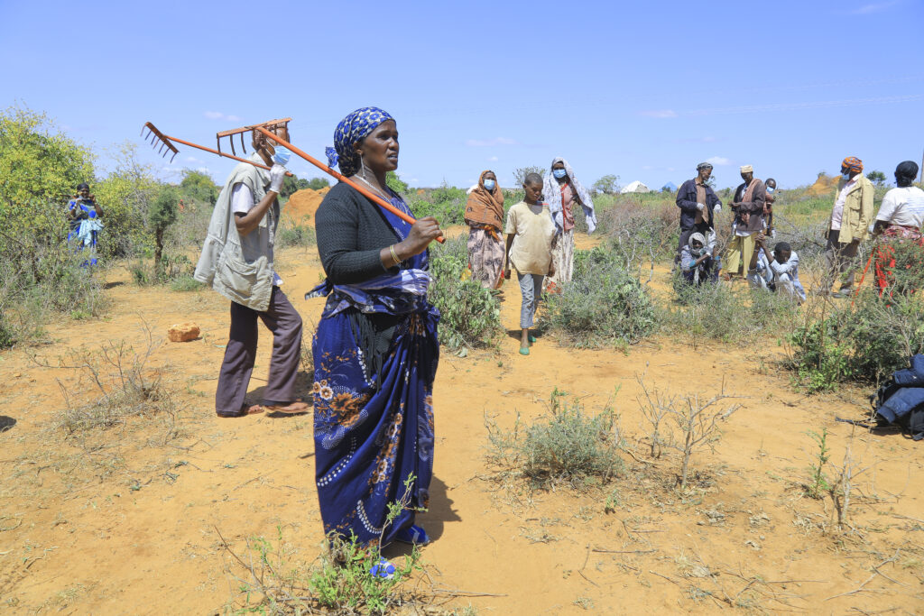 Etiopialainen nainen rautaharava kädessään. Taustalla muita ihmisiä.
