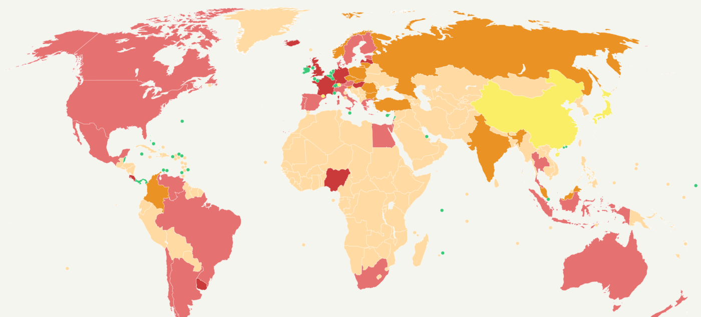 Kartta, jossa maat väritetty sen mukaan, kuinka paljon ne menettävät verotuloja veroparatiiseihin.