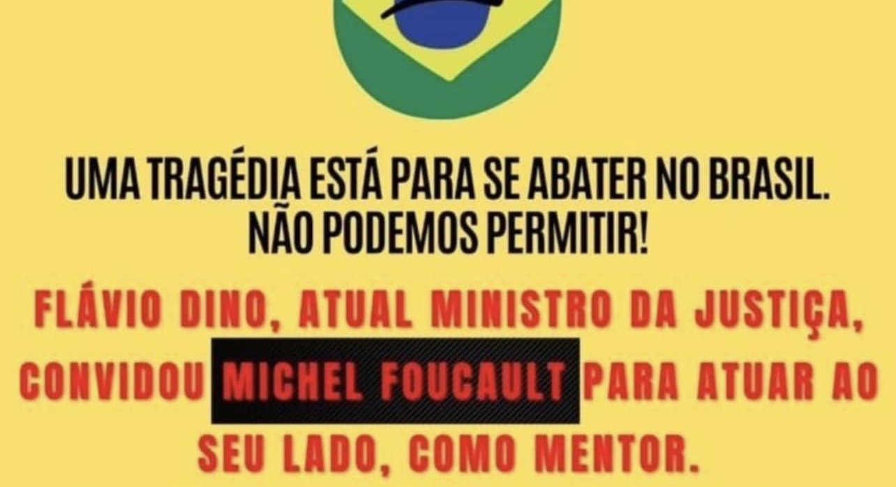 Ruutukaappaus, jossa portugaliksi kauhistellaan, ettåä Michel Foucault olisi menossa Brasiliaan ministerin neuvonantajaksi.
