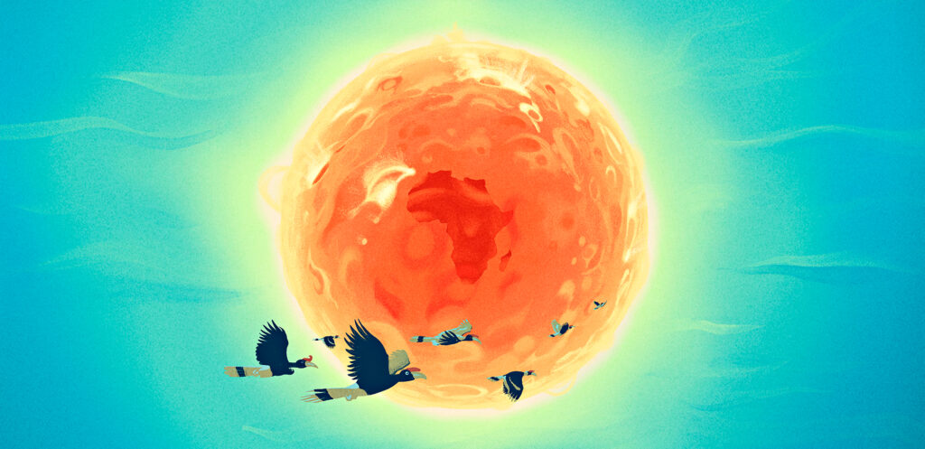 Hehkuva oranssipallo, jonka keskellä Afrikan kartta ja edessä lentää lintuja.