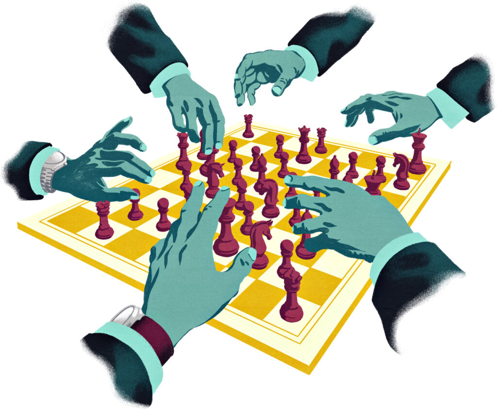 Kuusi pukumiesten vihreää kättä liikuttelemassa shakkinappuloita laudalla.