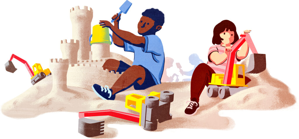 Piirroskuva, jossa poika tekee muoviämpärillä ja lapiolla hiekkalinnaa ja tyttö leikki muovisella kauhakuormaajalla hiekkakasassa.