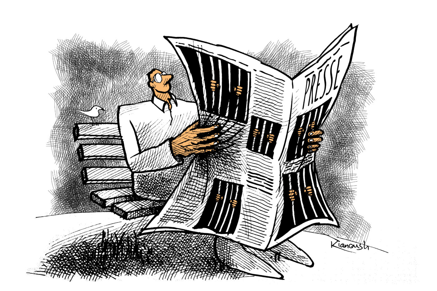 Piirroskuva, jossa mies lukee penkillä sanomalehteä, jonka kuvissa näkyy kaltereita.