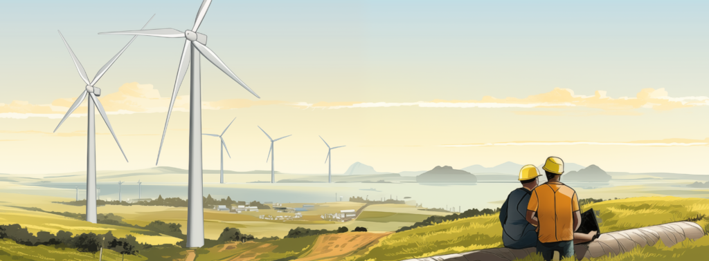 Kuvituskuva: Piirros jossa insinöörit katselevat tuulivoimaloita.