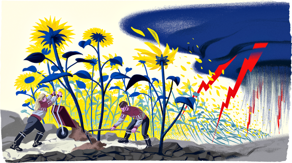 Jussipaitoihin pukeutuneet mies ja nainen kuokkivat auringonkukkapellolla maata takanaan  sinisestä myrskypilvestä sinkoavia punaisia salamia.