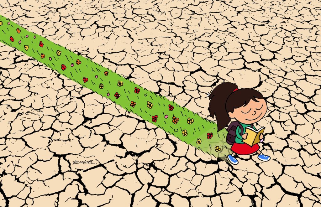 Piirroskuva, jossa ponihäntäinen tyttö kulkee reppu selässään ja kirjaa lukien kuivalla maalla jättäen jälkeen vihreää kukkivaa nurmikkoa.