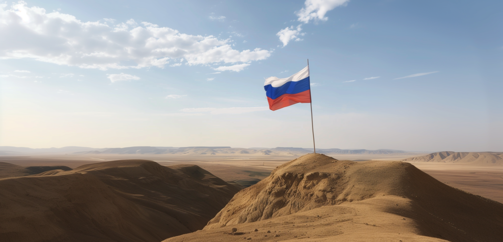 Venäjän lippu yksin kuivassa maisemassa.