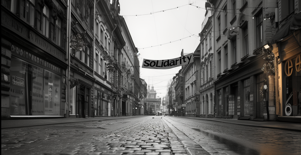Tyhjä katu, jolla banderolli, jossa sana "solidaarisuus"